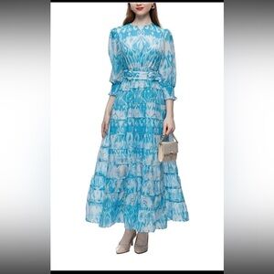 BURRYCO Belted Blue and White Print Tiered Maxi Dress in Size 8 NWT
